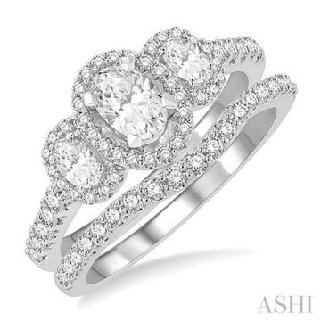 1 1/4 Ctw Diamond Wedding Set With 1 Ct Triple Oval Shape Past, Present & Future Engagement Ring and 1/4 Ct Curved Wedding Band in 14K White Gold